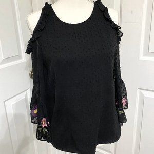 S Blue Rain Top with Embroidered Flowers on the Bell Sleeve Cuffs